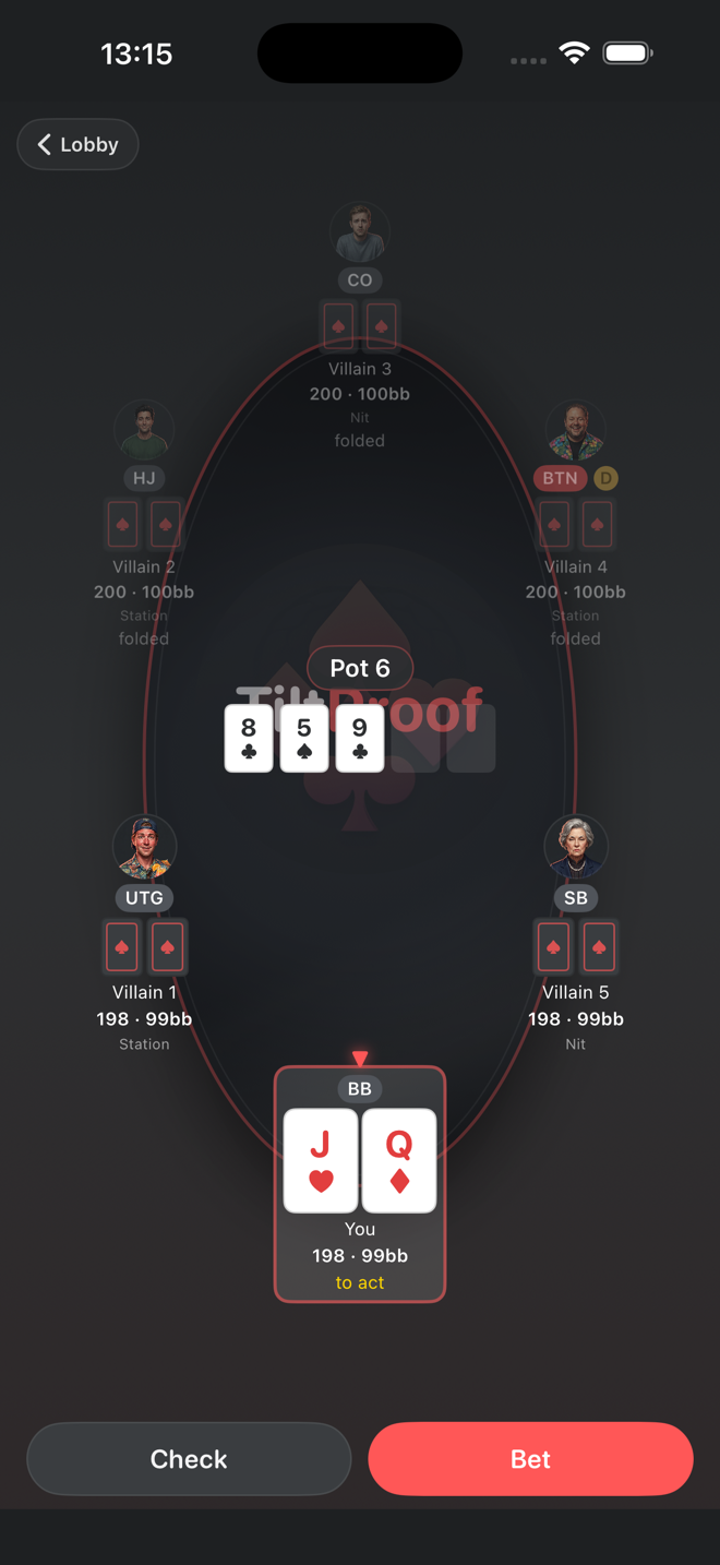 A live 6-max poker hand on the TiltProof table