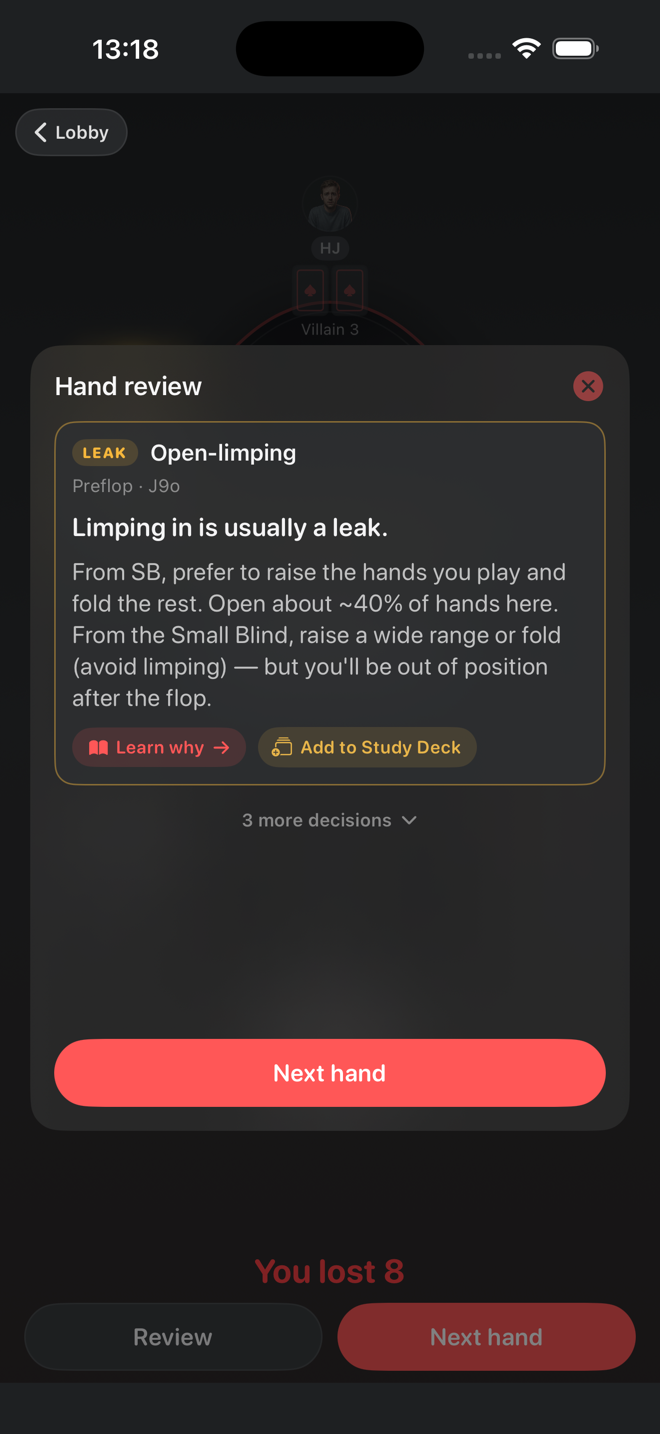 Post-hand coaching card flagging a leak with its cost in big blinds