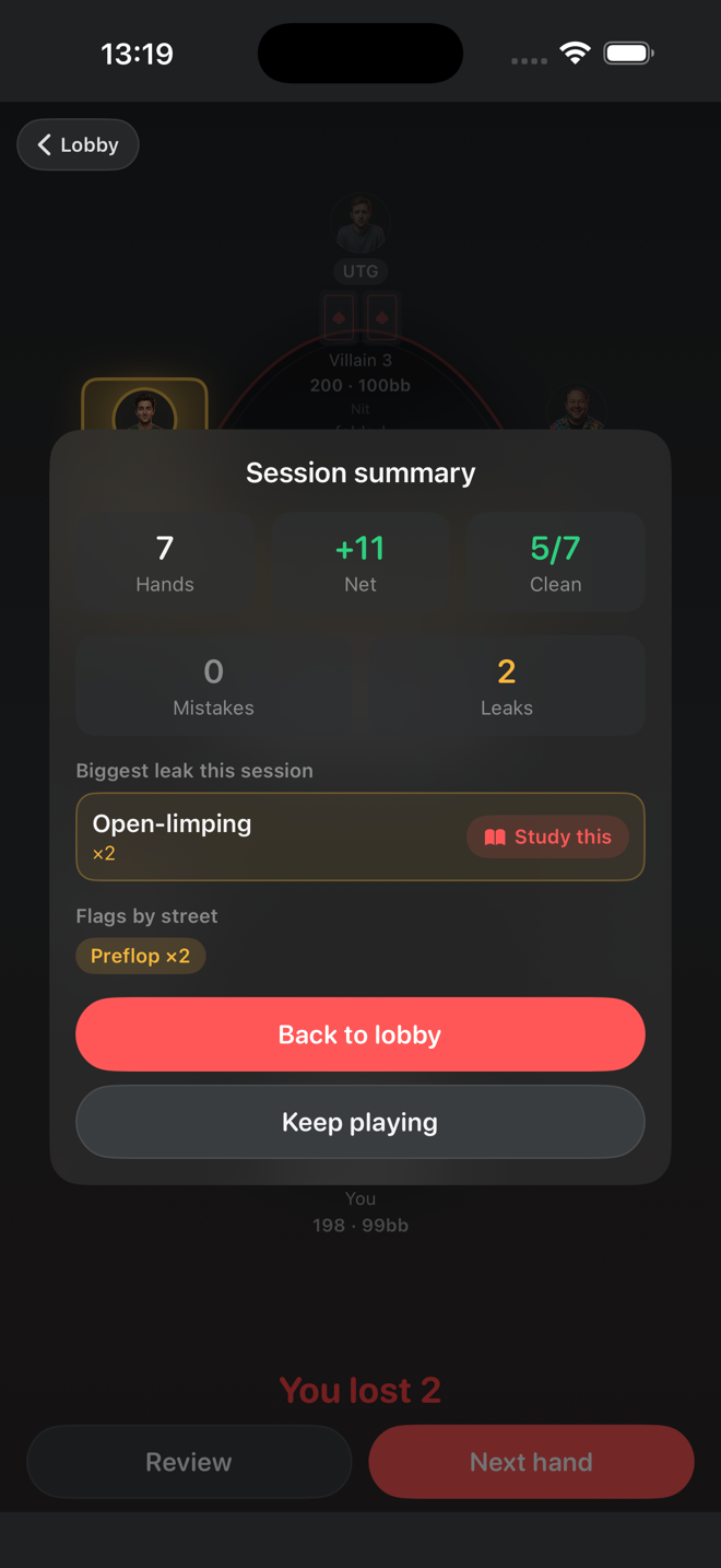 Session summary with biggest leak