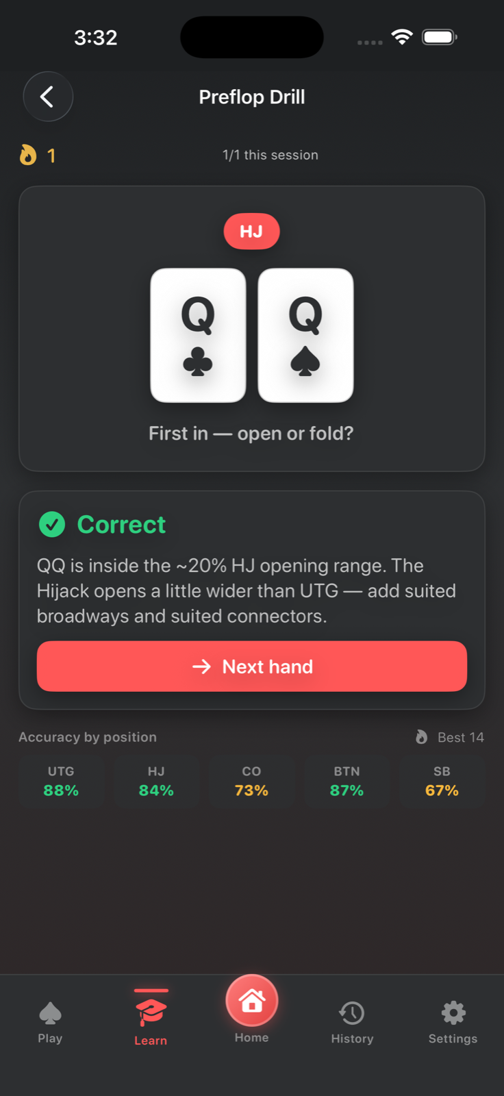 Preflop drill with instant feedback and per-seat accuracy