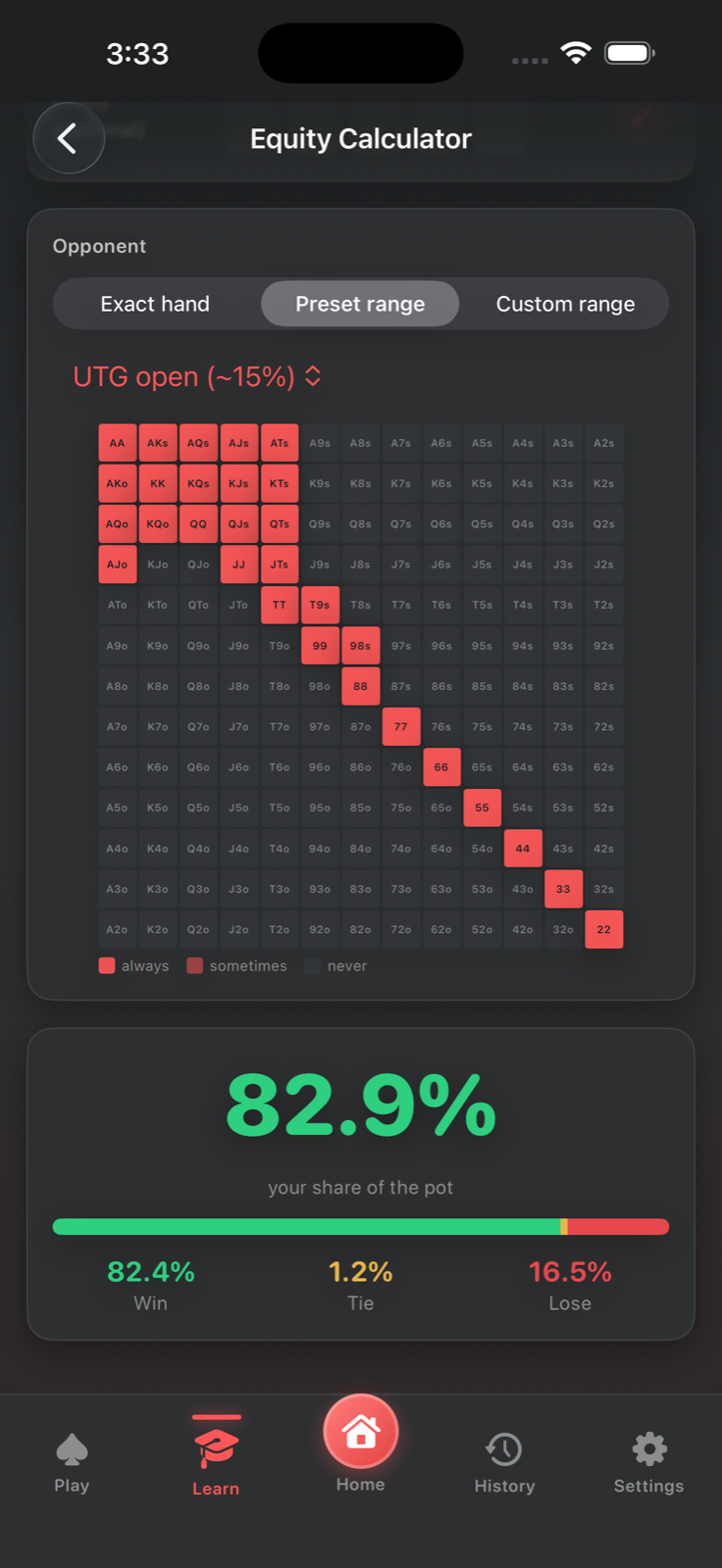 Equity calculator showing hand vs range win chances