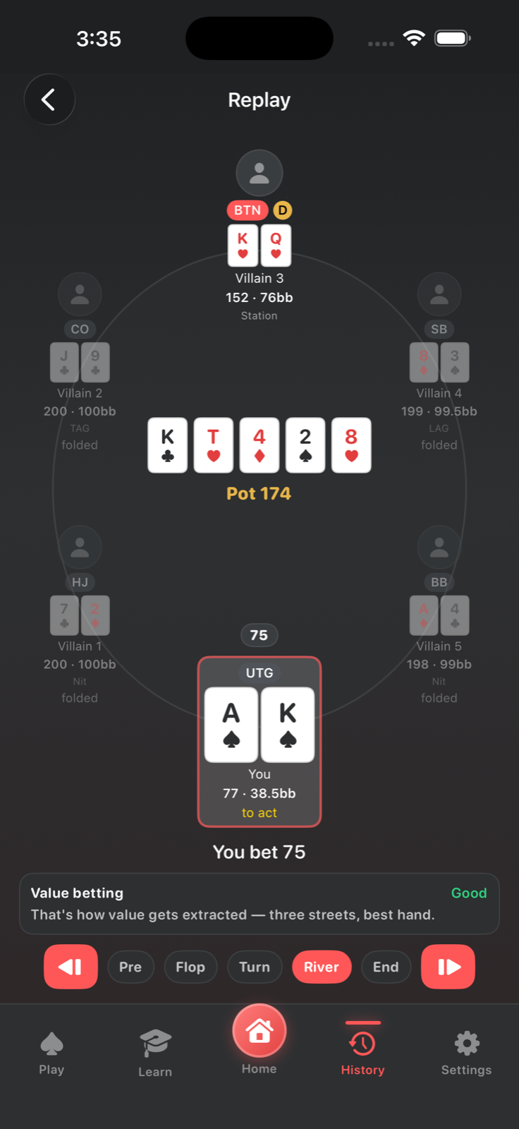 Hand replayer stepping through a hand with coaching pinned