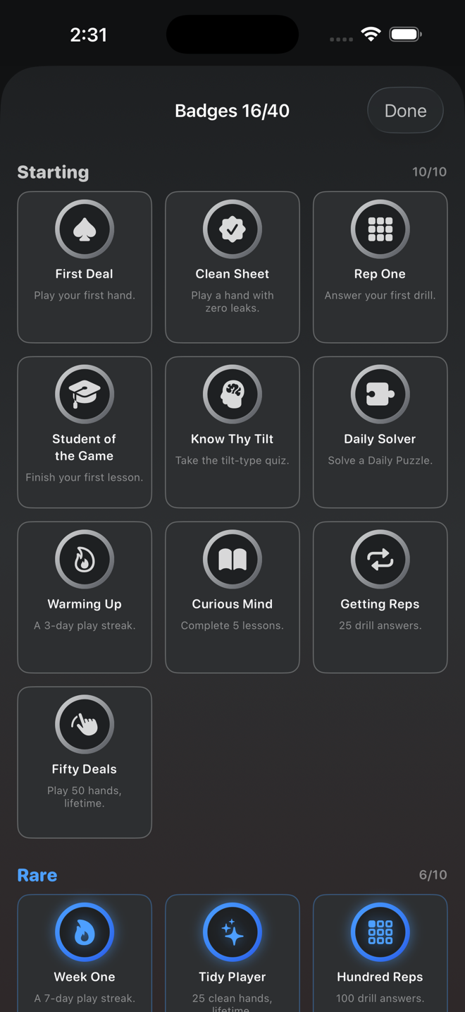 Badge collection: Starting, Rare, Epic, TiltProof