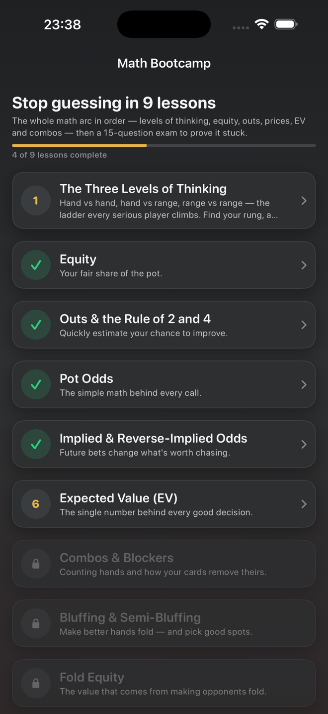 Math Bootcamp: nine lessons in order, then the exam