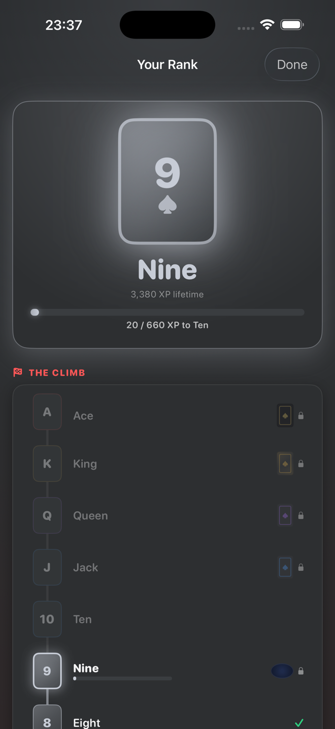 Rank page: Nine of spades, 3,380 XP, the climb to Ace